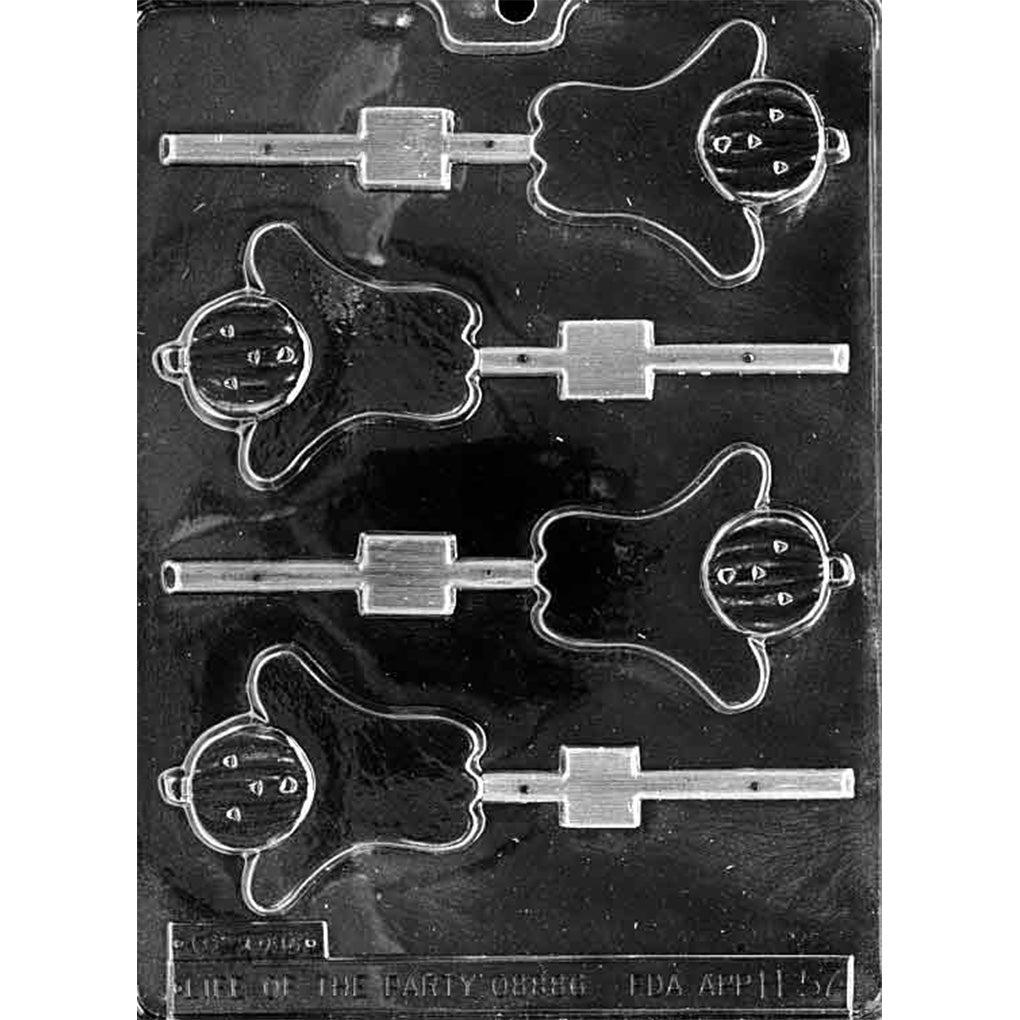 Four-cavity chocolate lollipop mold with 3-inch pumpkin-head ghosts featuring jack-o’-lantern faces, flowing bodies, and built-in stick channels.