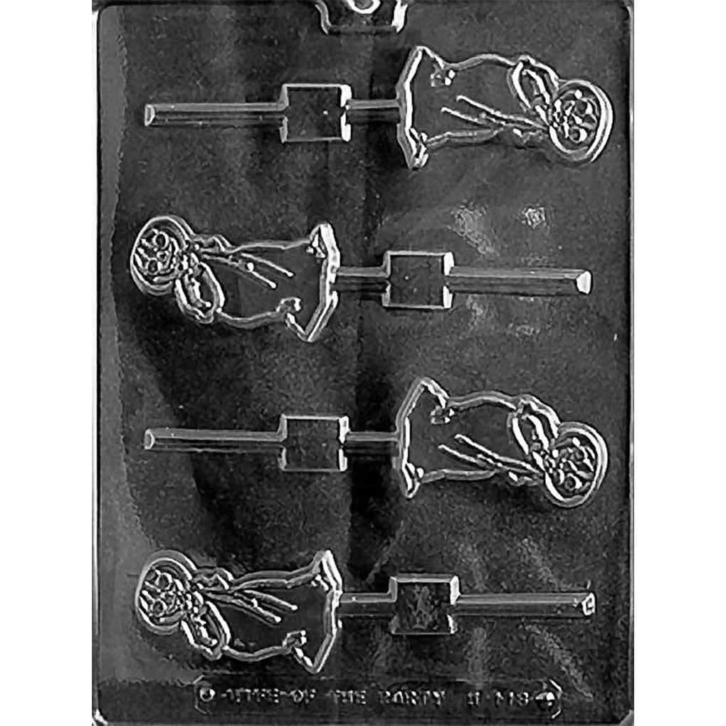 Four-cavity pumpkin head sheet ghost chocolate lollipop mold with jack-o’-lantern faces and stick channels, each approximately 2 5/8 inches tall