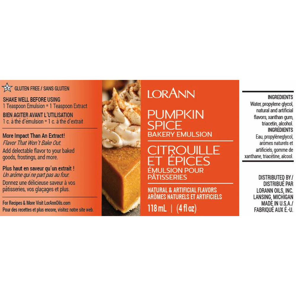LorAnn Pumpkin Spice Bakery Emulsion label showing a pumpkin pie slice, 4 fl oz, gluten-free with spiced flavor.