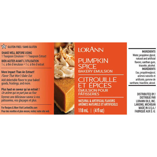 LorAnn Pumpkin Spice Bakery Emulsion label showing a pumpkin pie slice, 4 fl oz, gluten-free with spiced flavor.