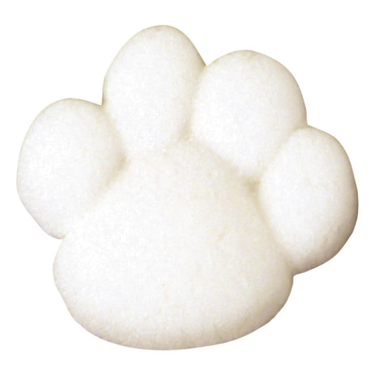 White edible sugar paw print decoration shaped like a cartoon-style dog paw.