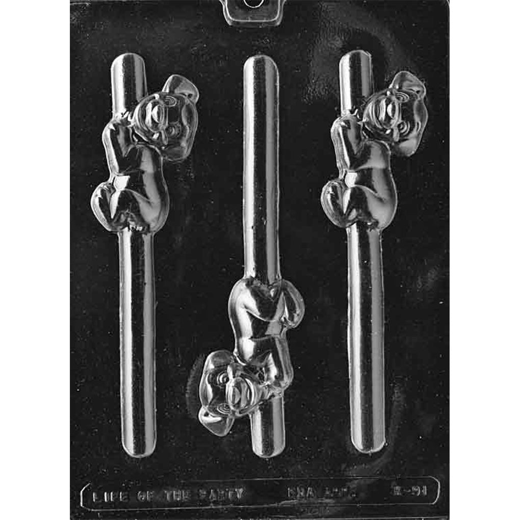 Clear plastic Puppy Pretzel Rod Chocolate Mold with three puppy cavities wrapped around long built-in pretzel rod grooves