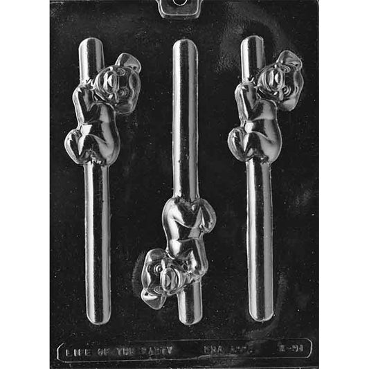 Clear plastic Puppy Pretzel Rod Chocolate Mold with three puppy cavities wrapped around long built-in pretzel rod grooves