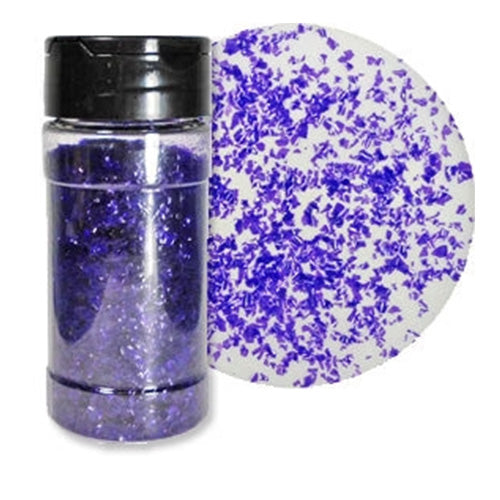 Purple edible glitter flakes in a 1 ounce shaker container with close-up sample of the purple flakes