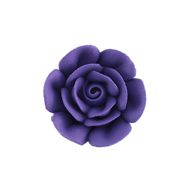 purple royal icing rose with layered petals, 1.75 inches in diameter