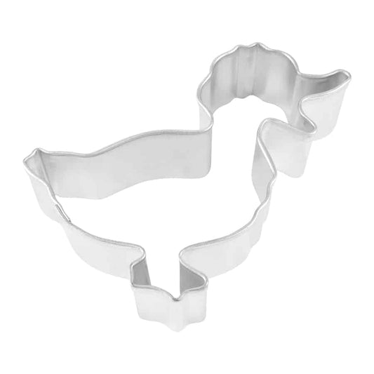 Top-down view of a metal quacking duck cookie cutter with an open beak and feather-like details.