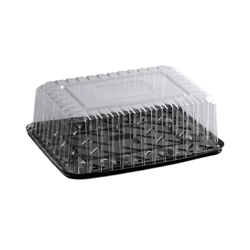 Clear plastic high dome lid with a black rectangular base, shown closed as a quarter sheet cake container on a white background.