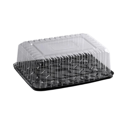 Clear plastic high dome lid with a black rectangular base, shown closed as a quarter sheet cake container on a white background.