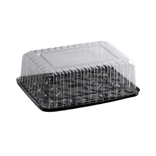 Clear plastic high dome lid with a black rectangular base, shown closed as a quarter sheet cake container on a white background.