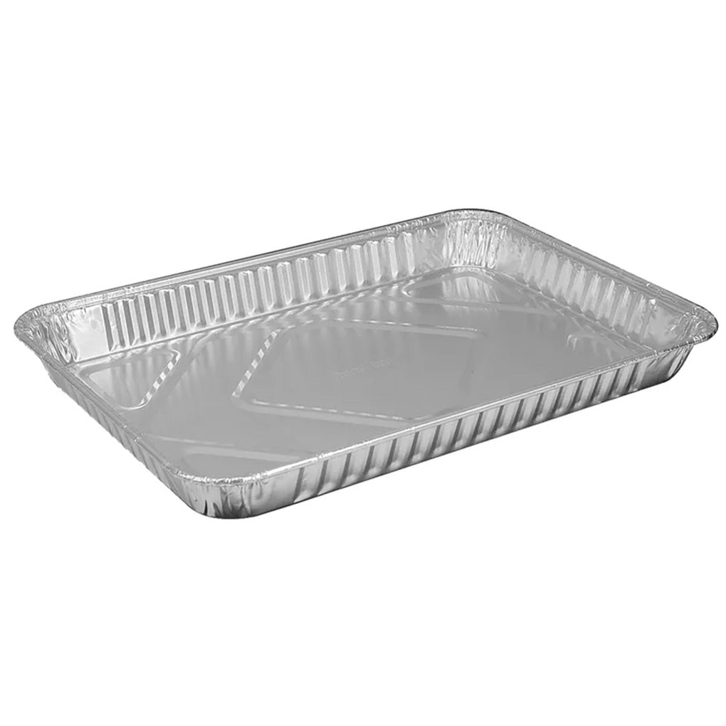 Disposable aluminum quarter sheet cake pan with ridged sides and a shallow rectangular shape, photographed on a white background.