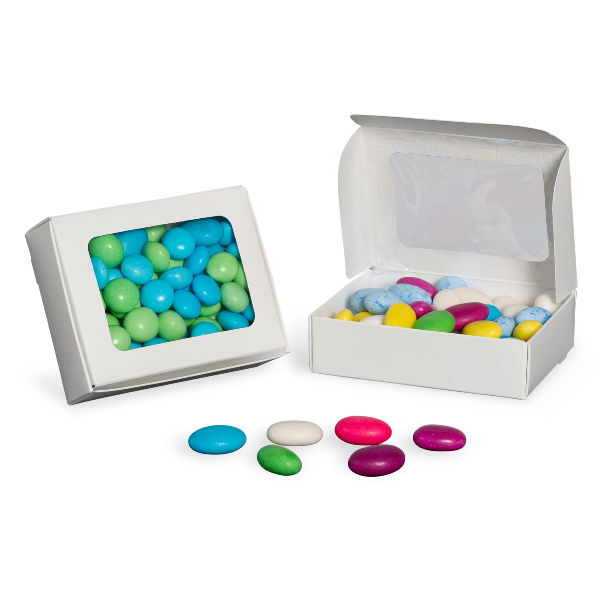 White 1/4 lb candy box with a clear window, filled with colorful candies, ideal for gifts and party favors.