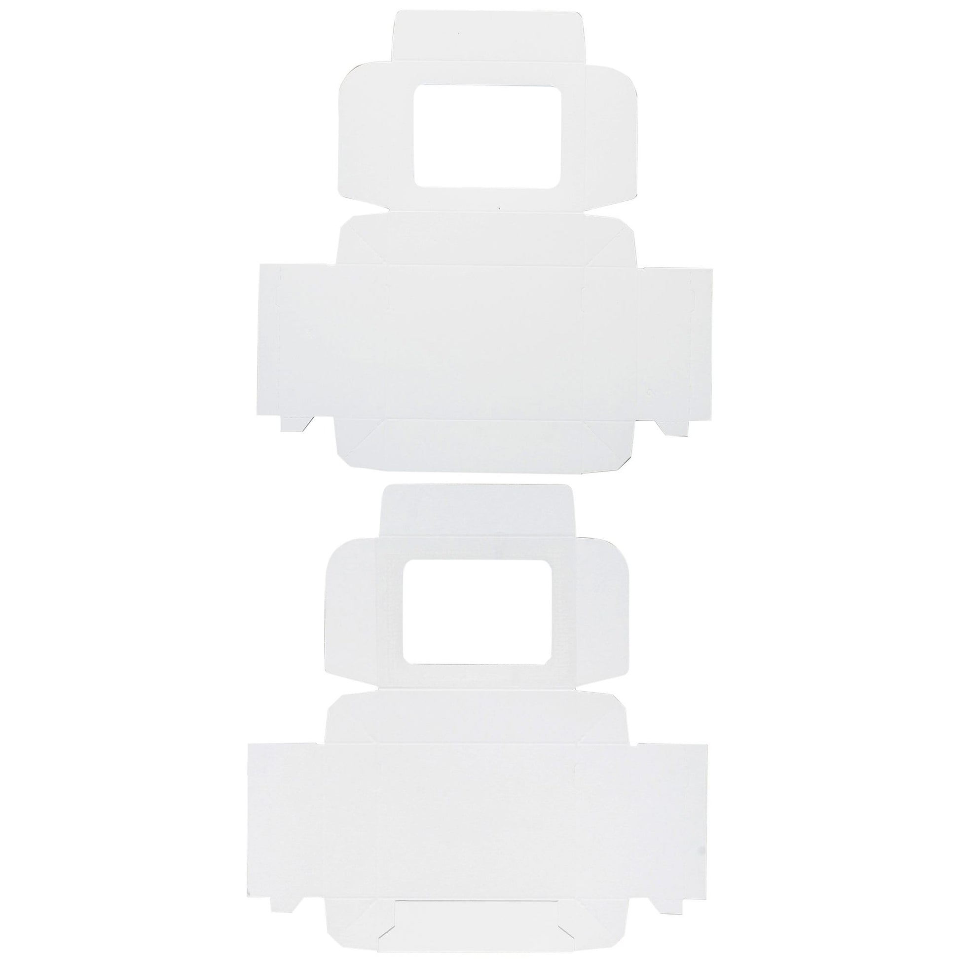 Flat layout of white candy box with window before assembly, showing quick-fold design for easy setup.
