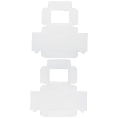 Flat layout of white candy box with window before assembly, showing quick-fold design for easy setup.