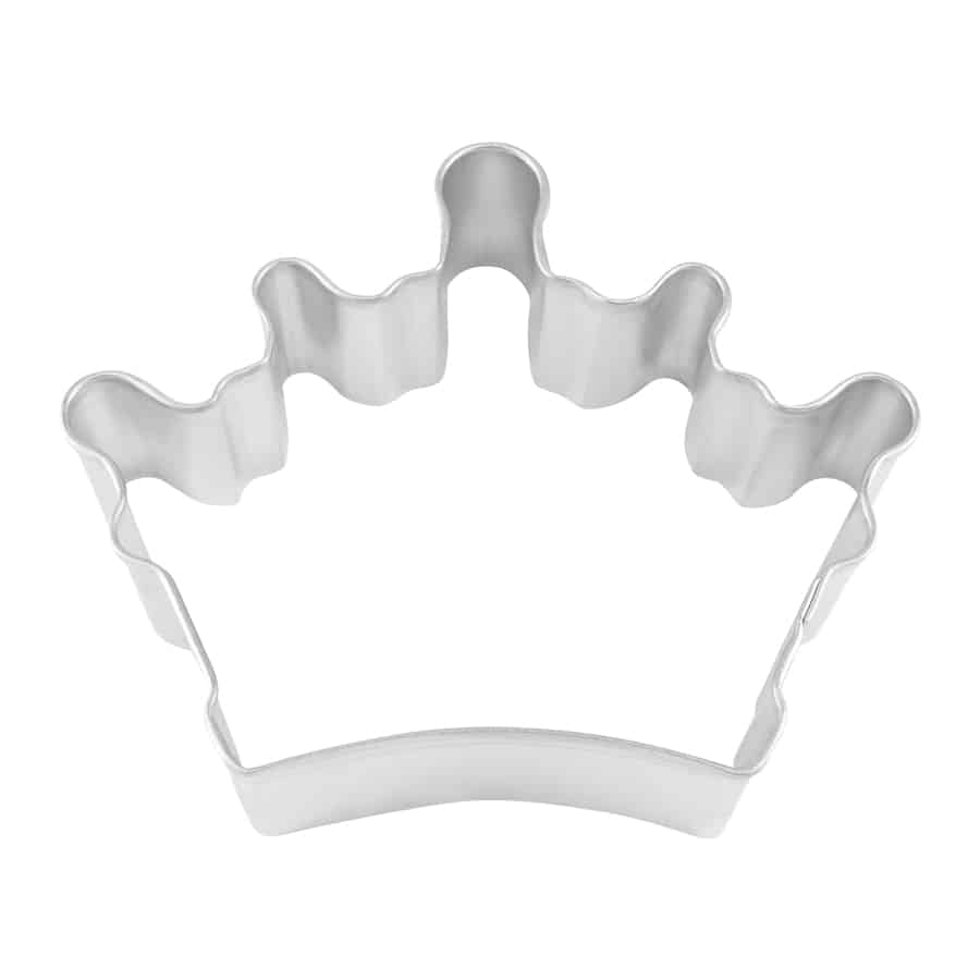 A silver metal cookie cutter shaped like a regal queen's crown with rounded points, designed for creating royal-themed cookies.