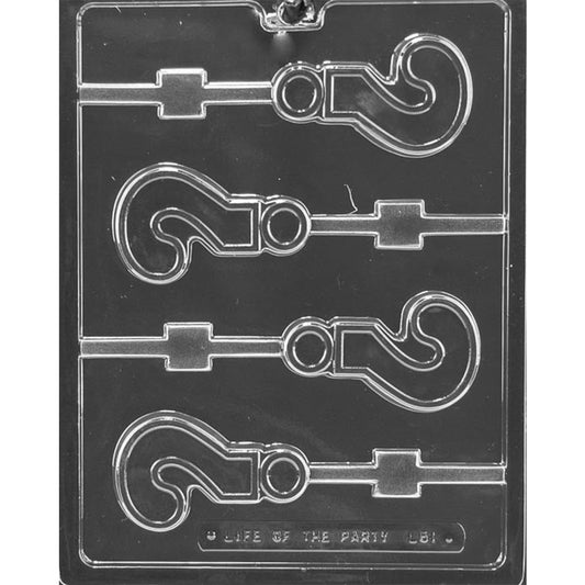 Question mark chocolate lollipop mold with 4 outlined question mark cavities and built-in stick channels