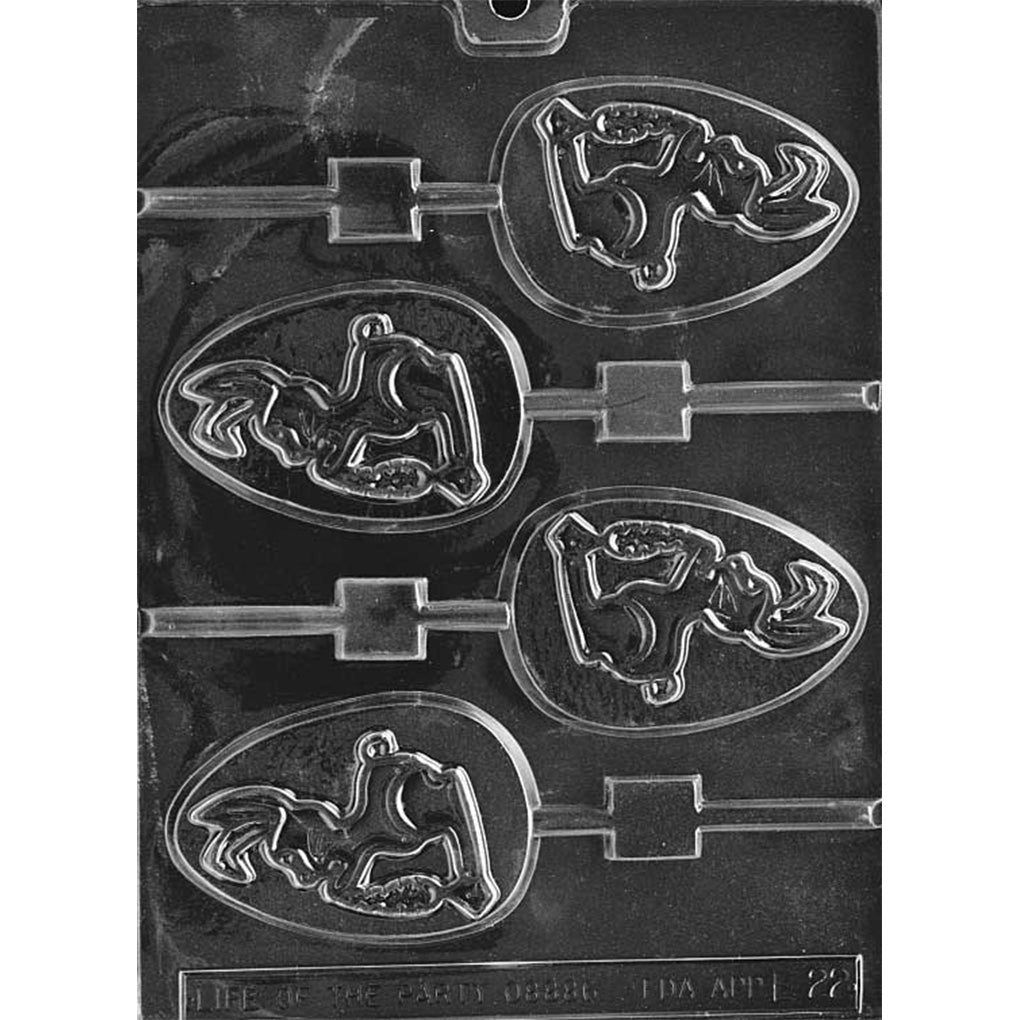 Clear plastic chocolate lollipop mold with oval egg-shaped cavities featuring a raised bunny sitting on top of an egg design, with built-in stick slots.