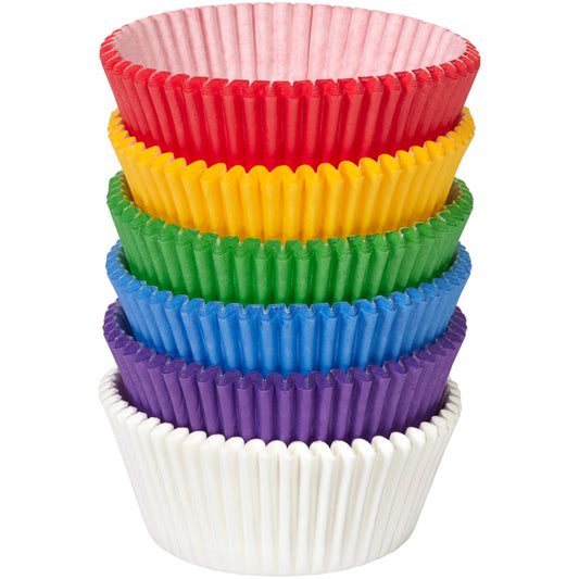 Stack of rainbow-colored standard baking cups in red, yellow, green, blue, purple, and white.