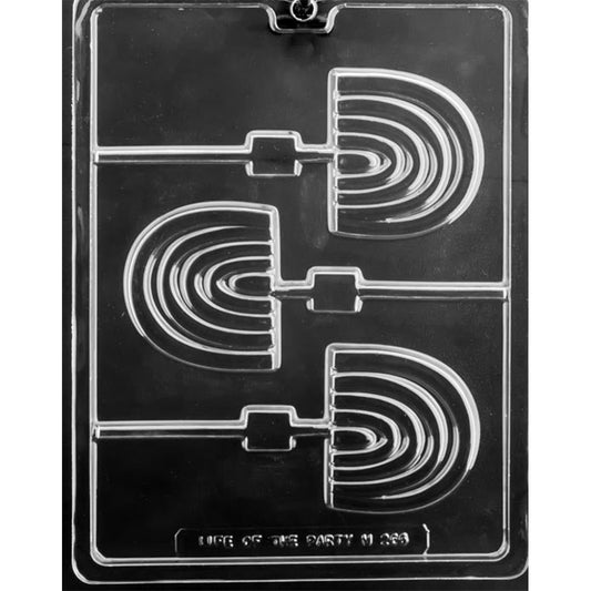 Clear plastic chocolate lollipop mold with three rainbow-shaped cavities featuring layered arch details and stick channels.