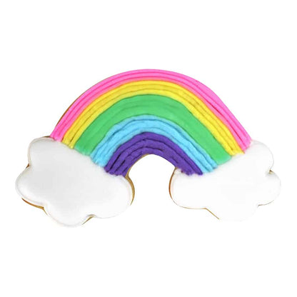 Rainbow Cookie Cutter next to a decorated rainbow cookie with pastel-colored icing and fluffy white clouds.