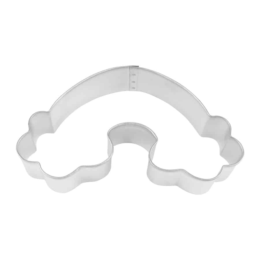 Rainbow Cookie Cutter, 4.75 inches, made of tinplated steel, with a curved rainbow design and cloud-shaped ends.