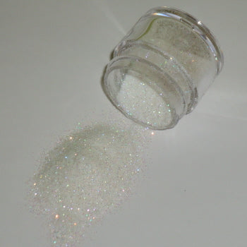 Fine white Galaxy Glitter Dust spilled from a jar, sparkling subtly with delicate iridescent rainbow shimmer on a soft gray background.