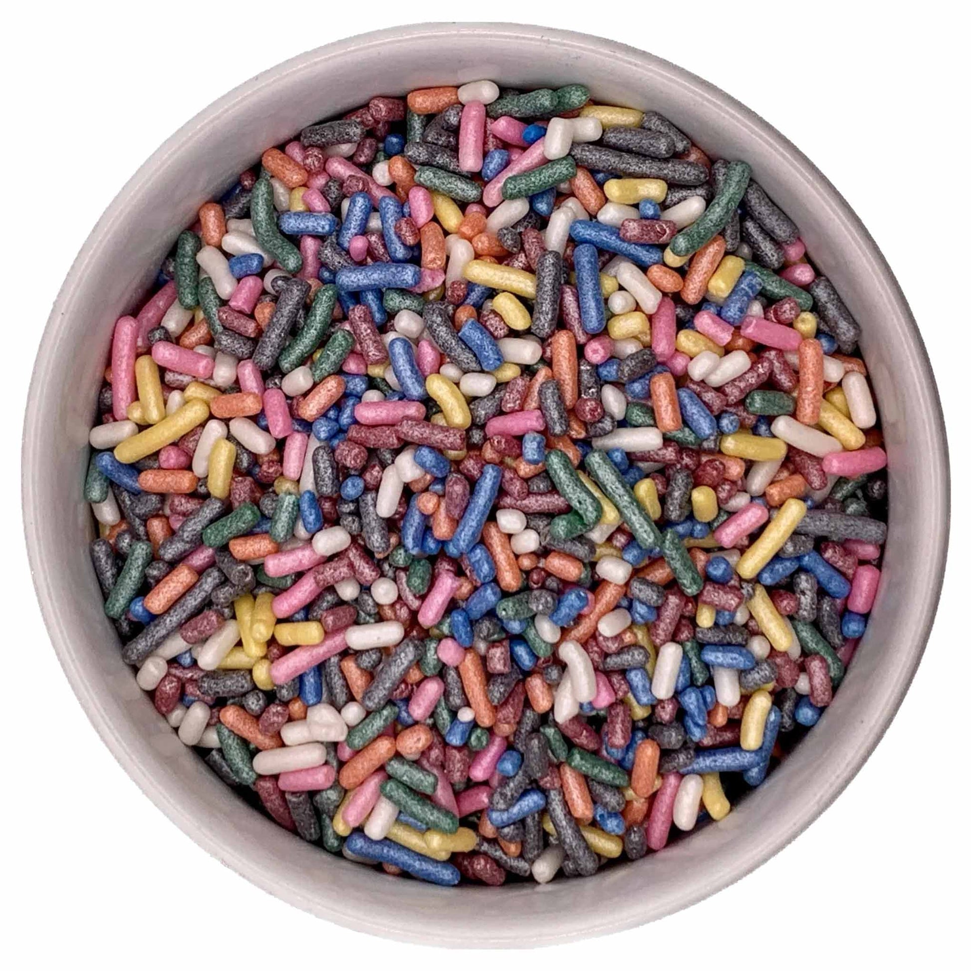 Top-down view of a bowl filled with rainbow shimmer jimmies sprinkles in pink, blue, green, yellow, white, orange, and gray with a pearly sheen.