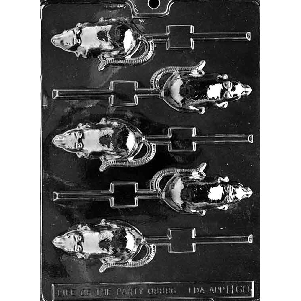 Clear plastic chocolate lollipop mold with five rat-shaped cavities featuring a long tail and face details, with stick channels for making rat chocolate pops.