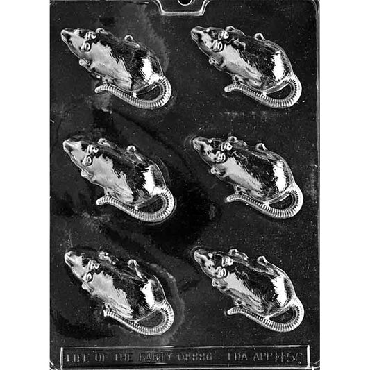 Clear plastic chocolate mold photographed on a dark background with six rat-shaped cavities, each showing a full-body rat with a pointed snout, rounded ears, paws, and a curled tail.
