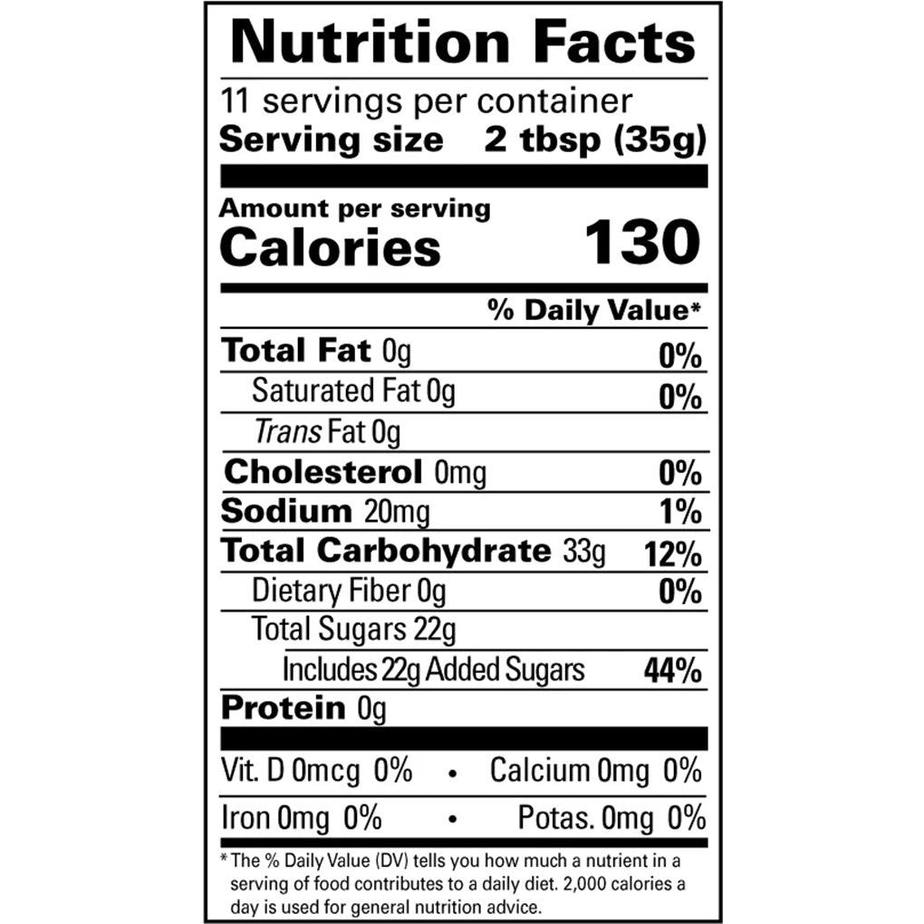 Black-and-white nutrition facts label for Satin Ice royal icing showing serving size 2 tbsp (35g) and 130 calories per serving.
