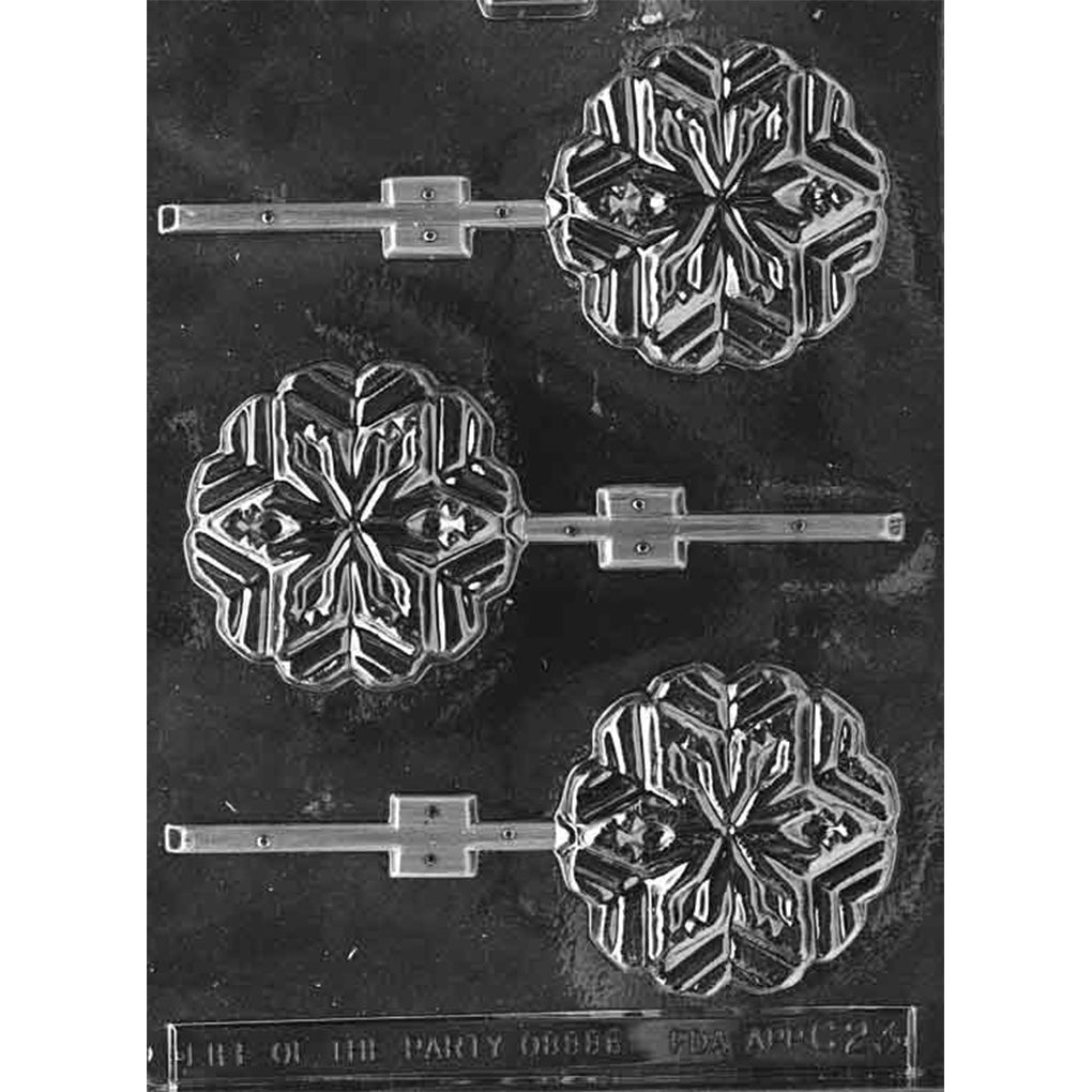 Plastic chocolate lollipop mold featuring three large round snowflake designs with geometric detailing. Mold includes built-in stick channels, ideal for making festive snowflake-shaped chocolate pops for winter events and hot cocoa bars.