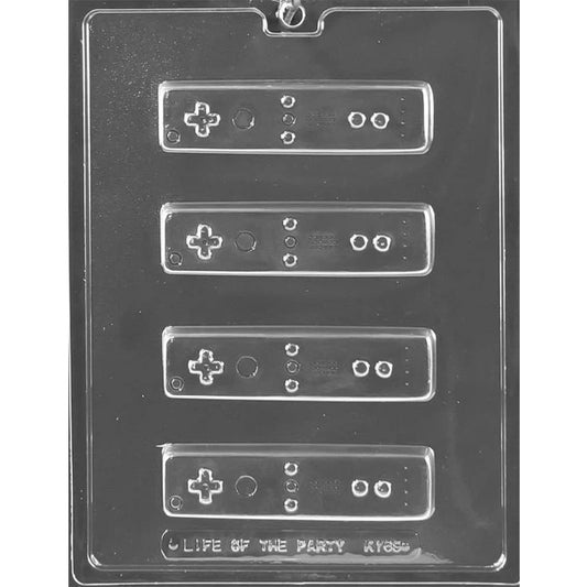Clear plastic game controller chocolate mold with four 4 1/2 x 1 1/4 x 1/2-inch rectangular cavities featuring raised directional pads, buttons, and speaker details.