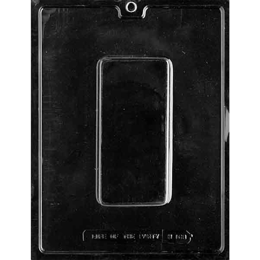 Clear plastic chocolate mold with one deep rectangular loaf cavity featuring smooth sides and softly rounded corners on a dark background.