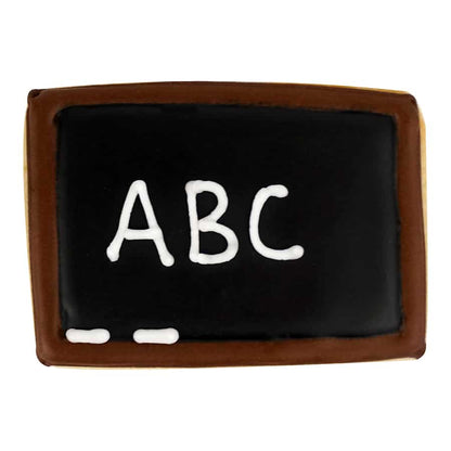 Chalkboard-style cookie with 'ABC' written on it, made with the rectangular cookie cutter.