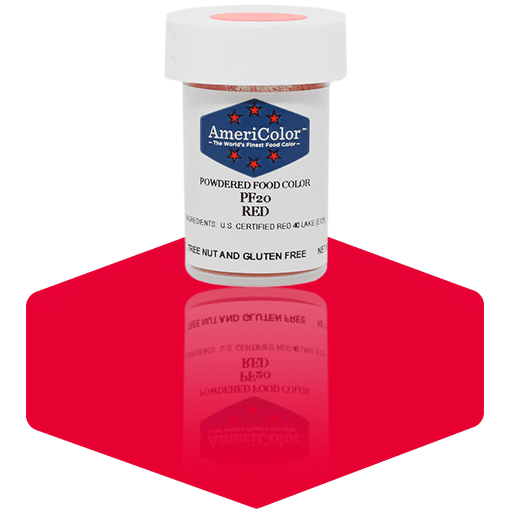 AmeriColor Red powdered food coloring 3 gram container featuring bold red powder for holiday and Valentine desserts.