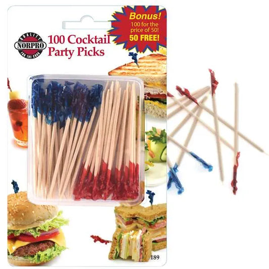 100-count cocktail party picks with red and blue cellophane tops, ideal for appetizers, drinks, and sandwiches.