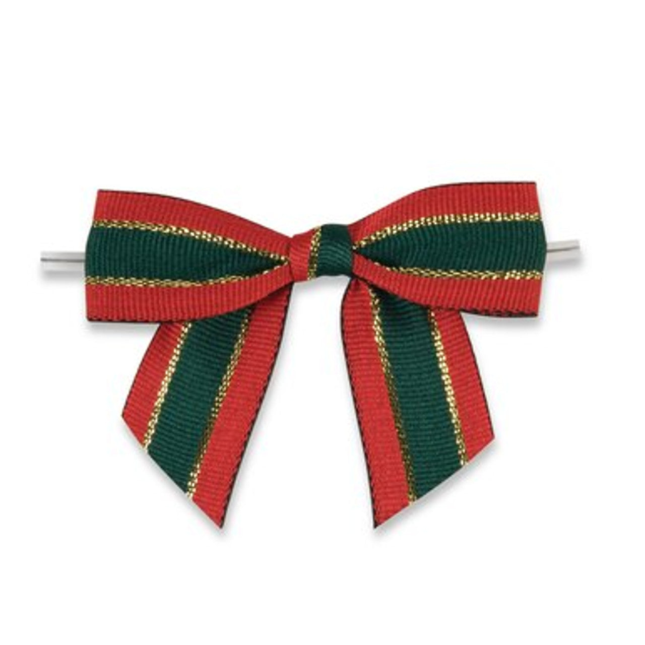 A 3 1/2" pre-tied bow with red and green stripes accented by gold, perfect for holiday decorations, gift wrapping, and crafting, sold in a package of 5 bows.