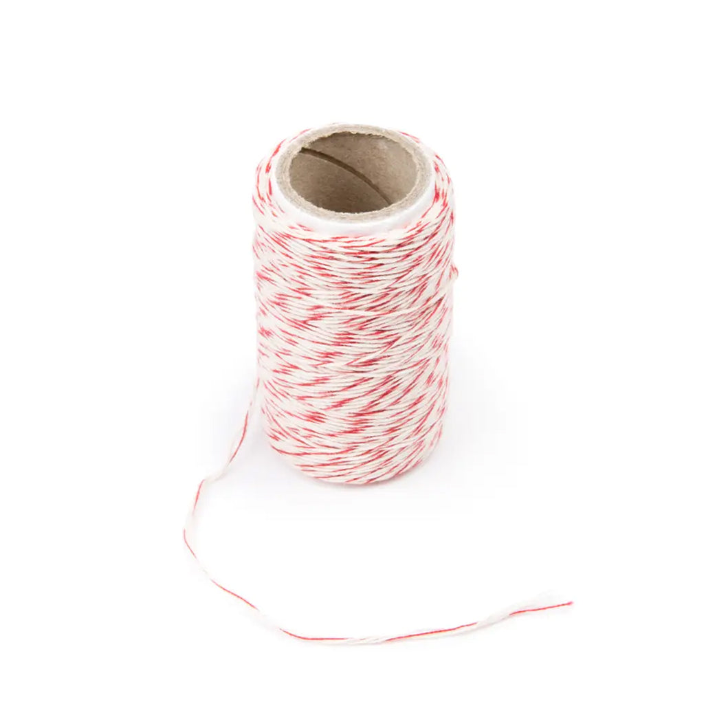 Spool of red and white cotton craft twine, 65.6 yards in length, with twisted strands for tying baked goods, packaging, and craft projects.
