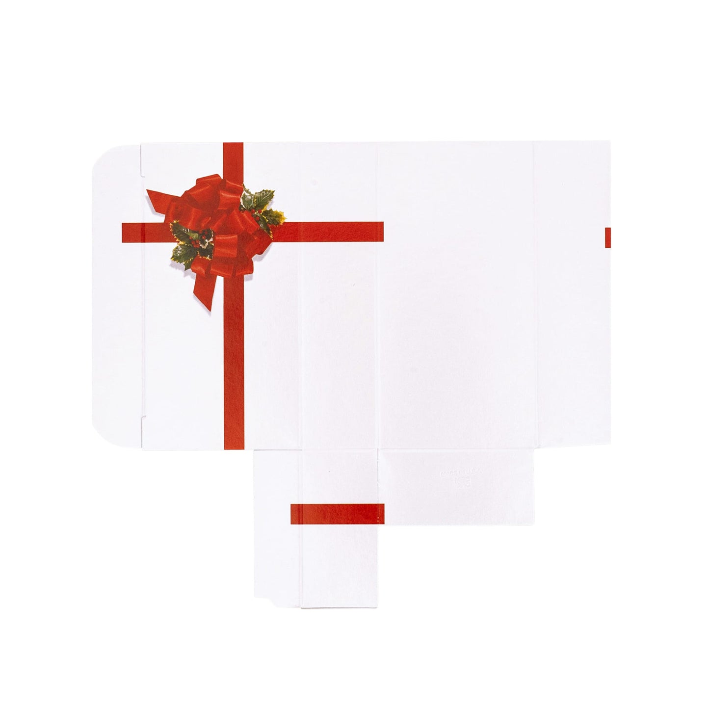 Flat view of the Red Ribbon & Holly candy box template laid open, showing fold lines and the printed bow and ribbon design.
