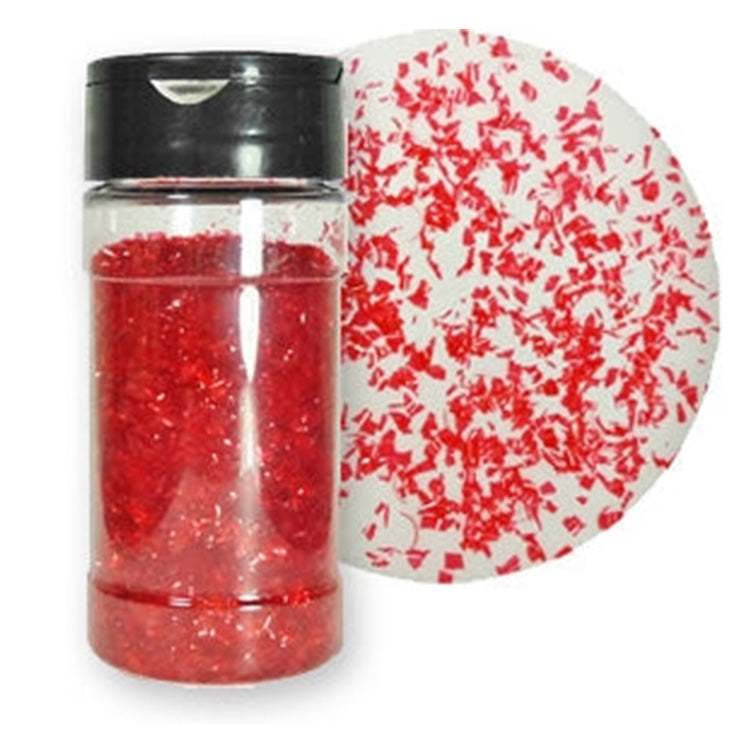 One-ounce shaker jar of red edible glitter flakes with a black lid beside a round close-up swatch showing the reflective flake texture