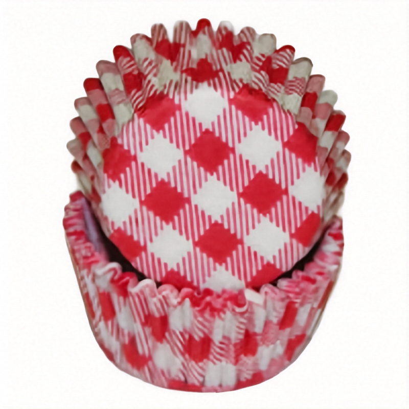 Stack of red gingham mini baking cups on a white background.