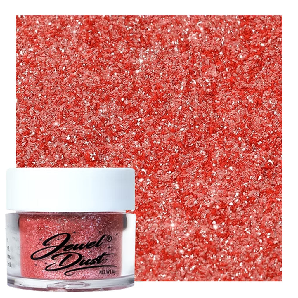 Red Jewel Dust edible glitter jar with bold sparkling swatch for cake decorating, cookies, drinks, and desserts.