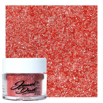 Red Jewel Dust edible glitter jar with bold sparkling swatch for cake decorating, cookies, drinks, and desserts.