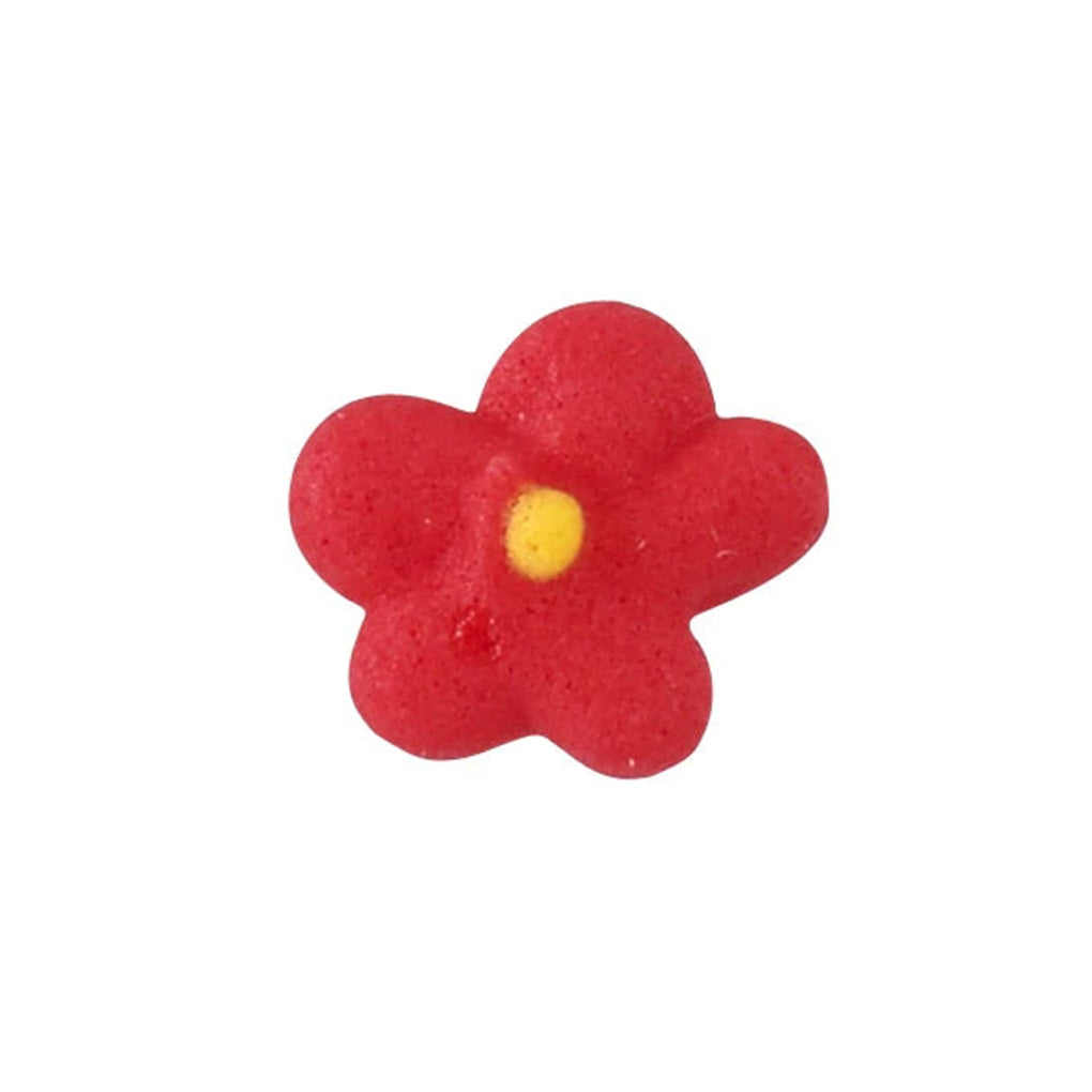 Single red royal icing drop flower with five rounded petals and a small yellow center on a white background.