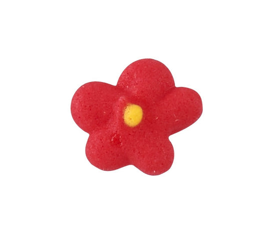 Red royal icing drop flower with five petals and yellow center
