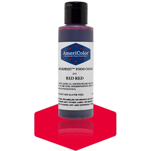 AmeriMist Red Red airbrush food color bottle (4.5 oz) by AmeriColor shown with a swatch of vibrant red beneath the bottle.