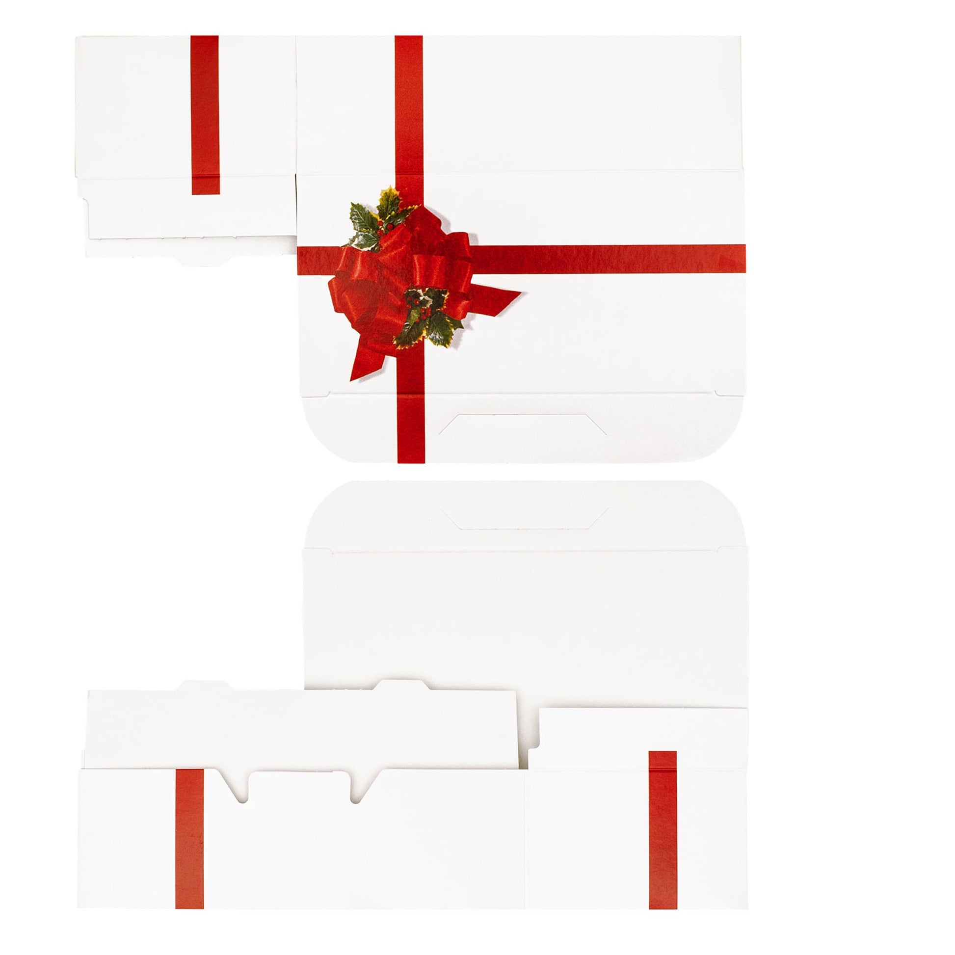 Flat layout of the red ribbon and holly one-piece candy box showing the printed exterior and the white interior panels.