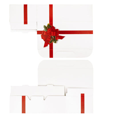 Flat layout of the red ribbon and holly one-piece candy box showing the printed exterior and the white interior panels.