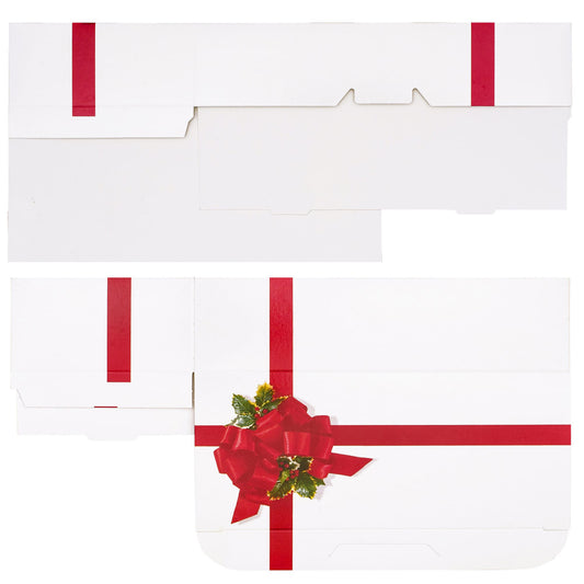 Flat, unfolded view of the white candy box with printed red ribbon accents, showing the die-cut folds and tabs before assembly.