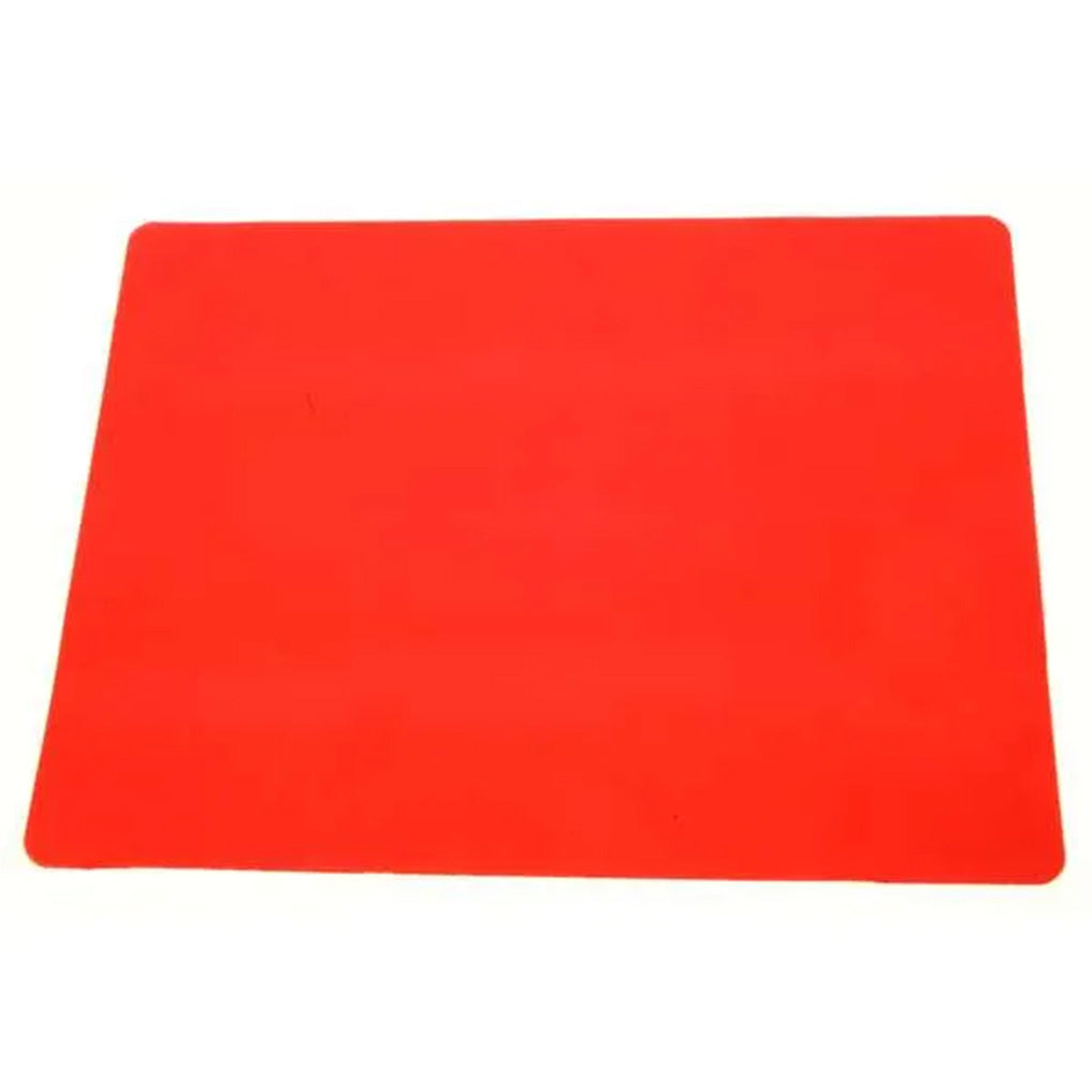 Flat red silicone baking mat with rounded corners shown on a white background, sized for cookie sheets and jelly roll pans.