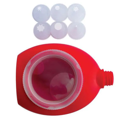 Red silicone decorating bottle with a wide opening and six white tips.